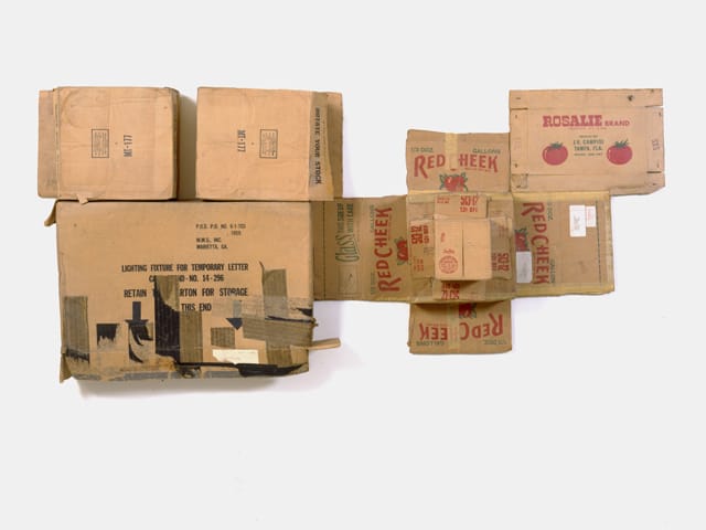 Robert Rauschenberg, "Rosalie / Red Cheek / Temporary Letter / Stock (Cardboard)" (1971),  cardboard SALE 35.5 in x 79 in x 11 in San Francisco Museum of Modern Art. Phyllis C. Wattis Fund for Major Purchases ￼KEEPER GIFT LOAN BANK ￼