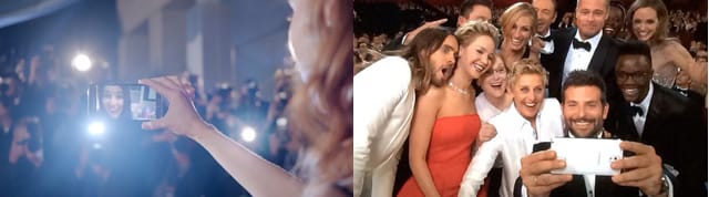 A screenshot from the Samsung commercial during last night's Oscars and what viewers saw during Ellen's celebrity selfie moment at the Oscars. The common denominator was the phone.