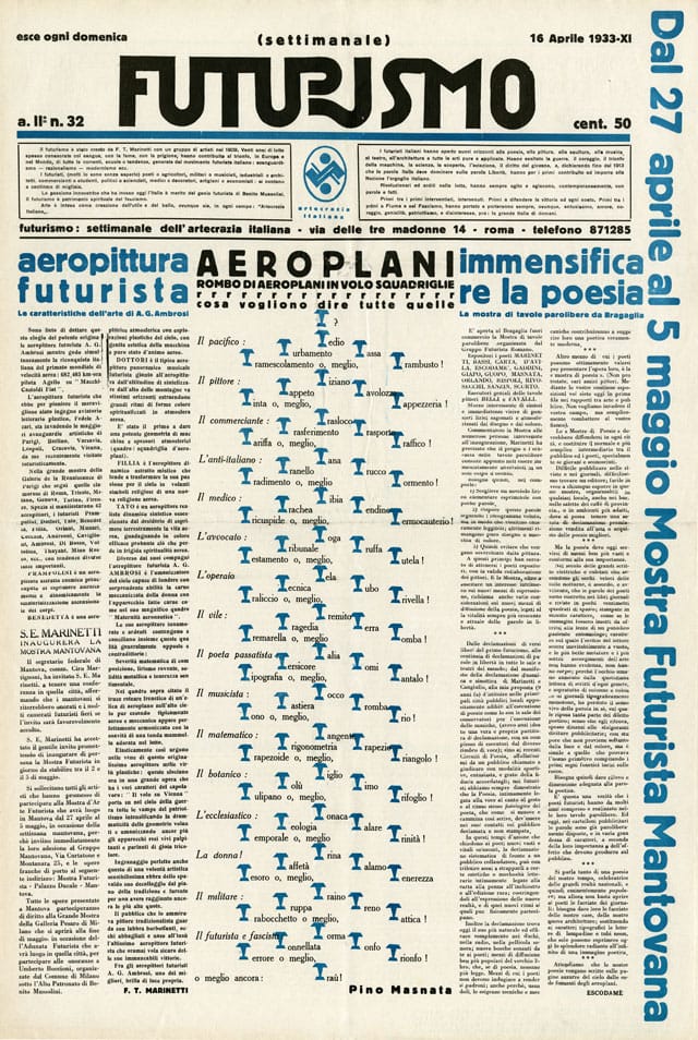 Mino Somenzi, ed., with words-in-freedom image "Airplanes (Aeroplani) by Pino Masnata, "Futurismo 2," no. 32 (Apr. 16, 1933) Journal (Rome, 1933), 64 x 44 cm (Fonds Alberto Sartoris, Archives de la Construction Moderne–Ecole polytechnique fédérale de Lausanne [EPFL], Switzerland) (photo by Jean-Daniel Chavan) (click to enlarge)