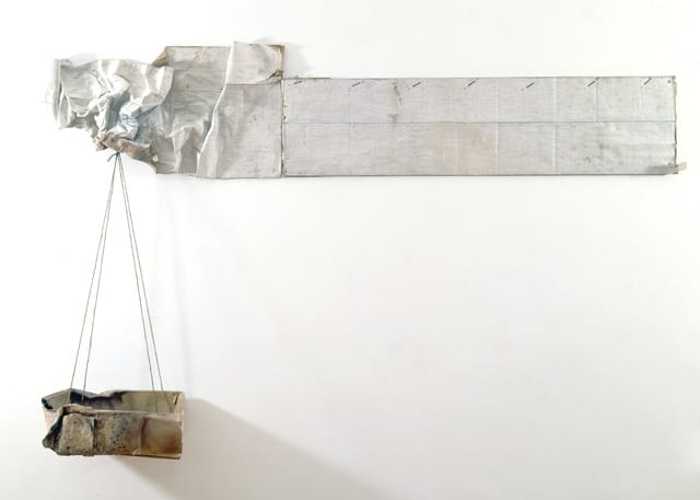 Robert Rauschenberg, "Untitled (Venetian)" (1973), cardboard, string and newsprint, 62 in x 97.5 in x 17 in., The Solomon R. Guggenheim Museum. Gift of Robert Rauschenberg Foundation and Museum purchase through prior gifts of Barry Tenzer and Richard S. Zeisler Bequest, 2013)