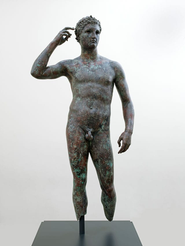 This sculpture by an unknown artist, "Victorious Youth" (300–100 BCE), bronze with inlaid copper, 59 5/8 x 27 9/16 x 11 in (151.5 x 70 x 27.9 cm), currently on view at the Getty Villa Malibu, is the subject of a current repatriation claim by Greece (The J. Paul Getty Museum, Villa Collection, Malibu, California)