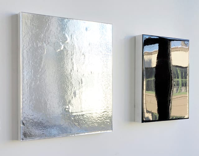 recto/verso,  (angle view), diptych, reflective vinyl film and mixed media on wood panel,  left panel: 16 inches x 14 inches, right panel: 13.75 inches x 10.75 inches (installed 5 inches apart),  2013