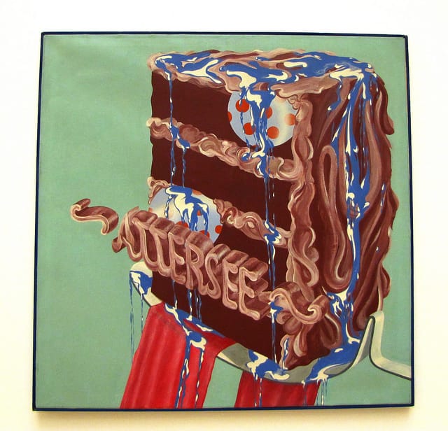 Christian Ludwig Attersee, "Torte mit Speisekugeln und Speiseblau" (1967), acrylic on canvas, in the Essl Museum (photo by Flickr user grey.beard.44)