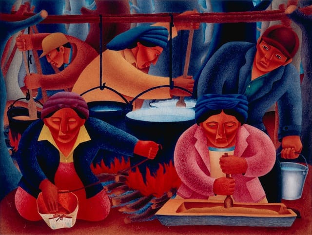 Credit: © 2013 Philbrook Museum of Art, Inc. Tulsa, Oklahoma Patrick DesJarlait (Ojibwe), 1921–72 Maple Sugar Time, 1946 Watercolor on paper Philbrook Museum of Art, Tulsa, Museum Purchase