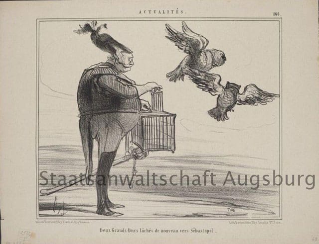 Honoré Daumier's "Current issues 166: two aristocrats (Grand Dukes) thrown back to Sebastolpol" (1855), lithograph, discovered in the Gurlitt trove (via lostart.de)