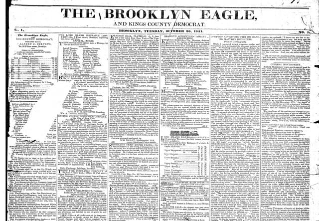 The first page of the first edition of the Brooklyn Eagle and Kings County Democrat (via Brooklyn Newsstand)