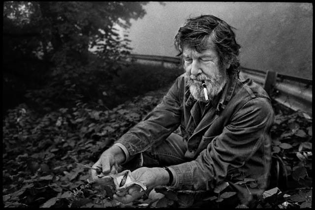 John Cage collecting mushrooms, Grenoble, France, Spring 1972. Photo: James Klosty.