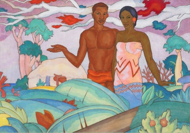 Arman Manookian, "Hawaiian Boy and Girl,"1928, Oil on canvas,  Collection of John and Patty Dilks, On long term loan to the Honolulu Academy of Arts (from John Seed's “Arman Manookian: An Armenian Artist in Hawai'i ")
