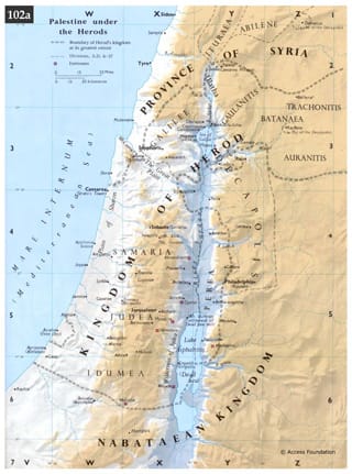 Palestine Under The Herods, Boundary of Herod's Kingdom at its greatest extent, Divisions 6–37 CE (via utsnyc.edu)