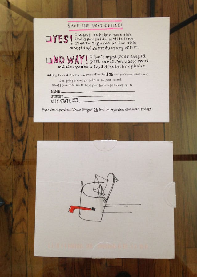 Sign-up materials for Jennie Ottinger's "Postal Mortem" (photo by the author for Hyperallergic)