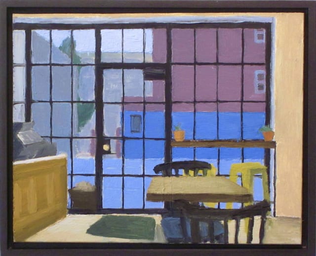 Eleanor Ray, “February Windows” (2014), oil on panel, 5 3/8 x 6 7/8 in (photo by the author for Hyperallergic)