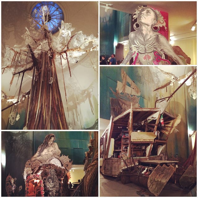 Various views of Swoon's "Submerged Motherlands" installation at the Brooklyn Museum. (all photos by the author for Hyperallergic)