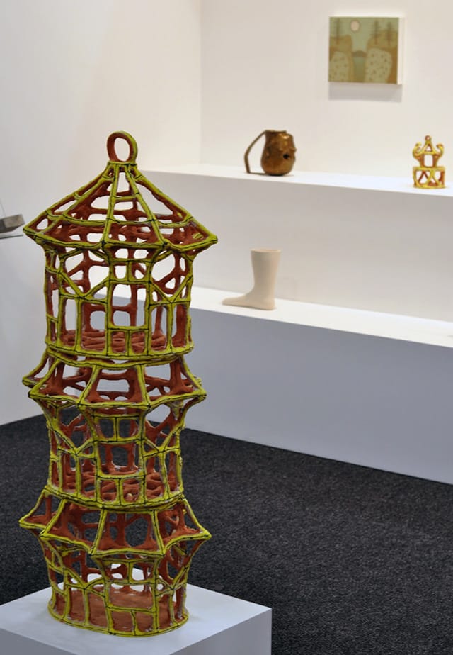 The Regina Rex booth featured a large glazed earthenware work by Elisabeth Kley, "Large Yellow Pavilion Birdcage" (2014), and smaller works by John Dilg, Dave Hardy, Kristen Jense, Anna Mayer, Sarah Peters, Nicholas Pilato, and Hayal Pozanti. 