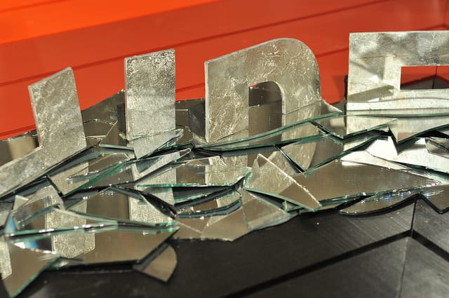 Detail of Lars Kremer's "HIDE (broken mirror transient reflective)" (2014)