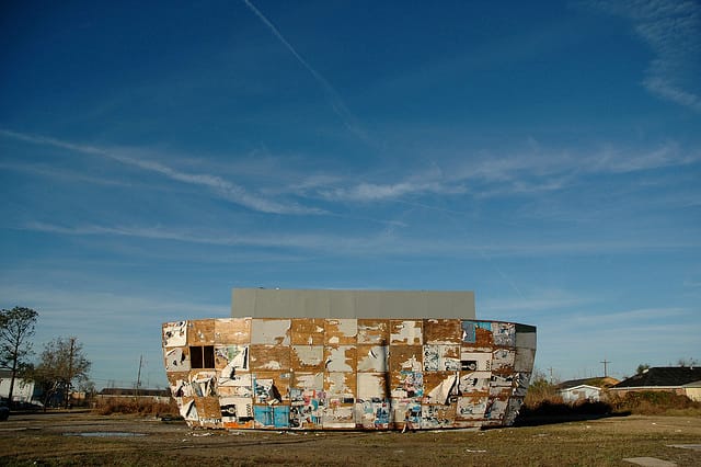 Mark Bradford's "Mithra" (2008) was one of the most talked about works during Prospect.1 (photo Hrag Vartanian/Hyperallergic)