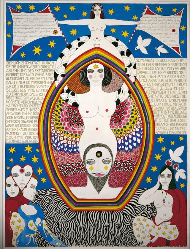 Dorothy Iannone, "Hommage Aux Femmes Et Aux Hommes" (1983), 160 x 120 cm, Fondazione per l’Arte Moderna e Contemporanea – CRT on loan from Castello di Rivoli Museo d’Arte Contemporanea, Rivoli-Turin, and GAM – Galleria Civica d’Arte Moderna e Contemporanea, Turin, (© Dorothy Iannone, photo by Marc Domage, Paris)