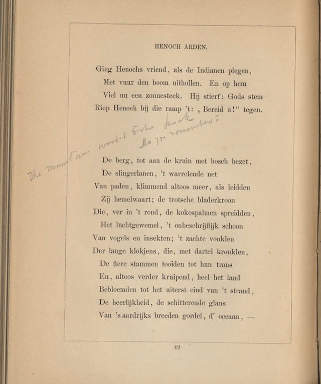 Notation ('Do you remember?') in an 1869 Dutch translation of Lord Tennyson's 'Enoch Arden' (courtesy Alderman Library, University of Virginia)