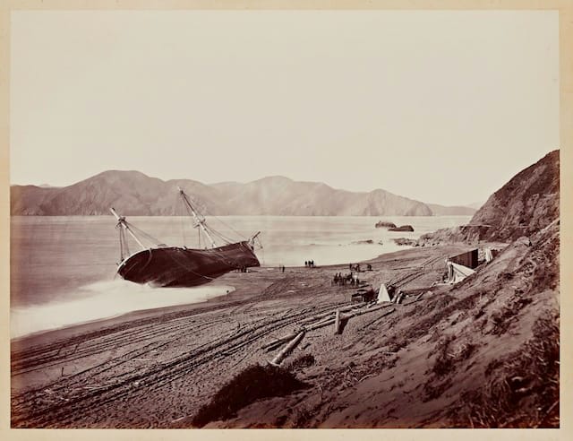 Carleton E. Watkins (U.S.A., 1829–1916), The Wreck of the Viscata, 1868, from the album Photographs of the Pacific Coast. Albumen print. Cantor Arts Center at Stanford University, Lent by Department of Special Collections, Stanford University Libraries.