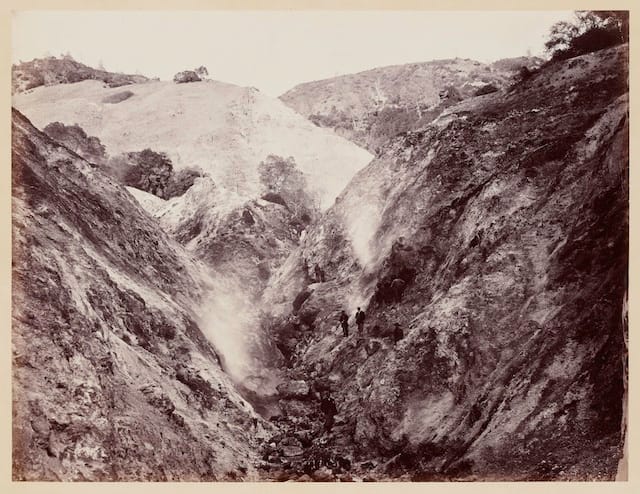 Carleton Watkins (U.S.A., 1829–1916), Devils’ Cañon Geysers, Looking Up, c. 1867, from the album Photographs of the Pacific Coast. Albumen print. Lent by Department of Special Collections, Stanford University Libraries.