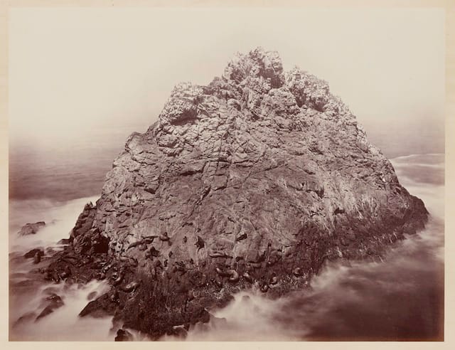 Carleton E. Watkins ( U.S.A., 1829–1916), Sugar Loaf Islands and Seal Rocks, Farallons, 1868–69, from the album Photographs of the Pacific Coast. Albumen print. Cantor Arts Center at Stanford University, Lent by Department of Special Collections, Stanford University Libraries.