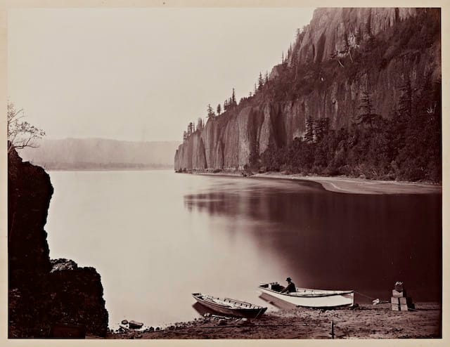 Carleton Watkins, Cape Horn, Columbia River, 1867, from the album Photographs of the Columbia River and Oregon. Albumen print. Lent by Department of Special Collections, Stanford University Libraries.