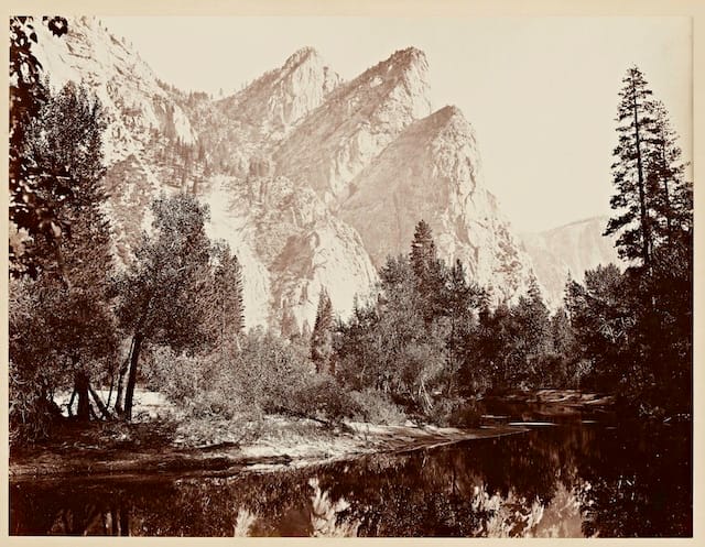 Carleton Watkins (U.S.A., 1829–1916), Pompompasos, the Three Brothers, Yosemite 4480 ft., 1865–1866, from the album Photographs of the Yosemite Valley. Albumen print. Lent by Department of Special Collections, Stanford University Libraries.