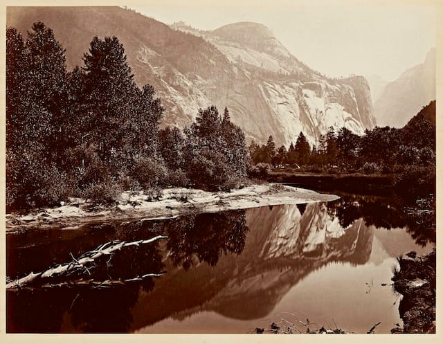 Carleton Watkins (U.S.A., 1829–1916), Mirror View of the North Dome, Yosemite, 1865–1866, from the album Photographs of the Yosemite Valley. Albumen print. Lent by Department of Special Collections, Stanford University Libraries.
