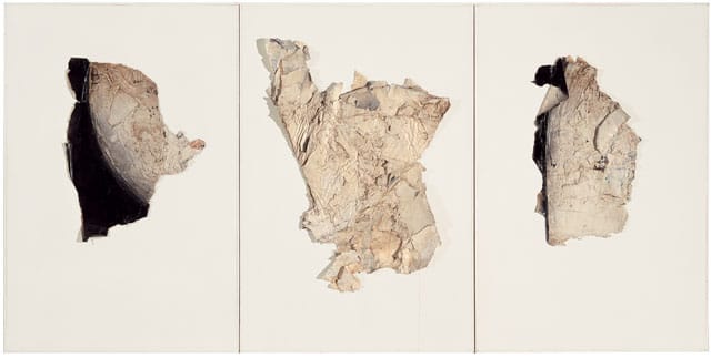 Jay DeFeo, "Tuxedo Junction" (1965/1974), oil on paper mounted on painted Masonite; triptych, each panel: 48 3/4 x 32 1/2 in (123.8 x 82.6 cm)