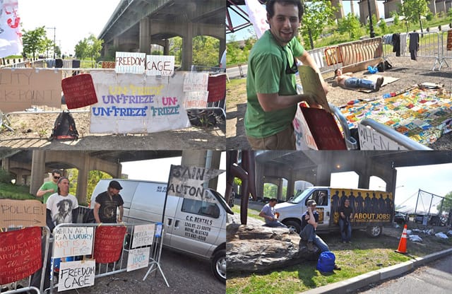 Various snapshots of the "Freedom Cage" and union and other protestors outside the 2012 Frieze New York art fair (photo by Gerry Visco/Hyperallergic)