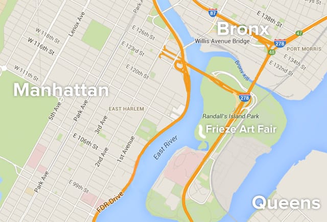 A map of the Frieze Art Fair on Randall's Island and its environs. (image by Hrag Vartanian/Hyperallergic)