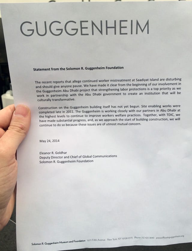 The statement provided by Guggenheim immediately after the G.U.L.F. action. (photo Hrag Vartanian/Hyperallergic)