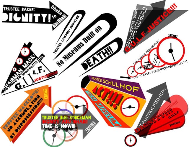 Nine of the 28 specially designed graphics designed b G.U.L.F. for tonight's protest at Manhattan's Guggenheim Museum. (images courtesy G.U.L.F.)