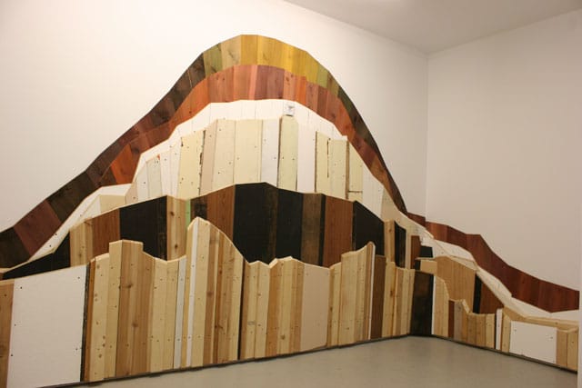 Gabriel Hurier, "Mountain" (2014), site-specific Installation, wood, ink, acrylic, nails and screws on wall, dimensions variable