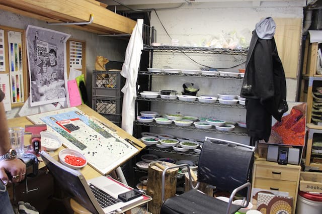 A mosaic in the works in Bachor's studio