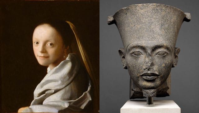 Two Met images now available for free scholarly use: (left) Johannes Vermeer, "Study of a Young Woman" (c. 1665–67), oil on canvas 17 1/2 x 15 3/4 in (44.5 x 40 cm), The Metropolitan Museum of Art, Gift of Mr. and Mrs. Charles Wrightsman, in memory of Theodore Rousseau, Jr., 1979 (1979.396.1); (right) Head of the god Amun (c. 1336–1327 BCE), Egyptian, New Kingdom, Post-Amarna Period, granodiorite, 44 cm (17 5/16 in) x 38.2 (15 1/16 in) x 41.5 (16 5/16 in), The Metropolitan Museum of Art, Rogers Fund, 1907 (07.228.34) (both images © The Metropolitan Museum of Art, New York)