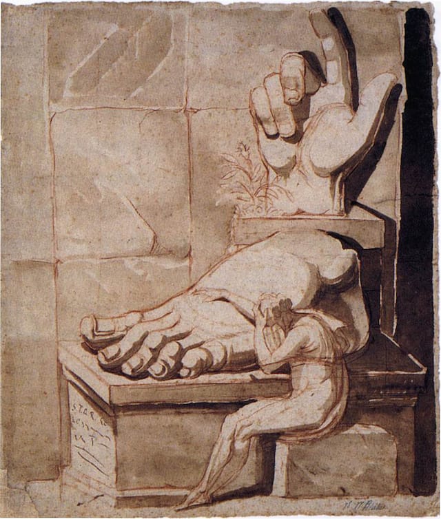 John Henry Fuseli, "The Artist Moved by the Grandeur of Antique Fragments" (1778-79). Red chalk on sepia wash, 415 x 355 mm. Kunsthaus, Zurich. (Image via Web Gallery of Art)