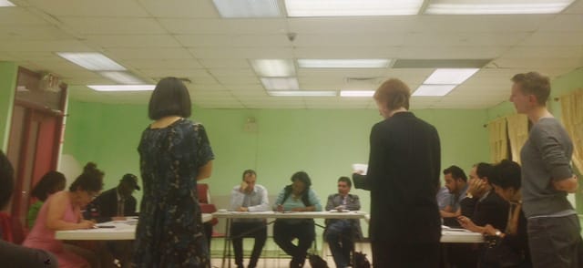 Members of Arts & Labor presenting at the Community Board 11 meeting in East Harlem on Tuesday, May 14. (photo by the author for Hyperallergic)