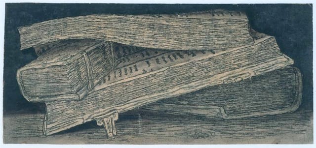 Hercules Seghers, "Piles of Books" (1629-1630), etching (via Rijksmuseum)