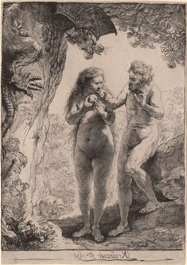 Rembrandt Harmenszoon van Rijn, "Adam and Eve" (1638), etching, 162 x 116 mm