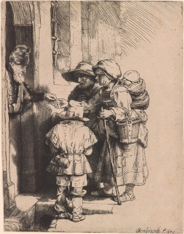 Rembrandt Harmenszoon van Rijn, "Beggars Receiving Alms at the Door of a House" (1648), etching, 165 x 128 mm