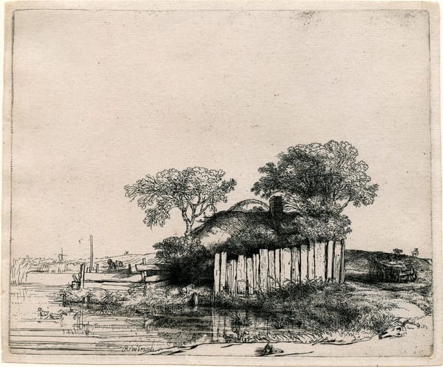 Rembrandt Harmenszoon van Rijn, "Cottage with a White Paling" (1648), etching, 130 x 158 mm