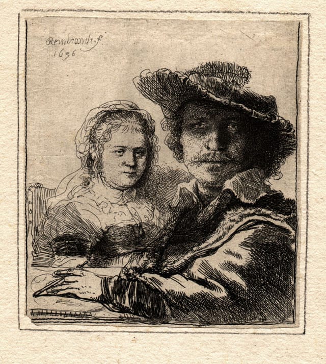 Rembrandt Harmenszoon van Rijn, "Self Portrait with Saskia" (1636), etching, 104 x 95 mm