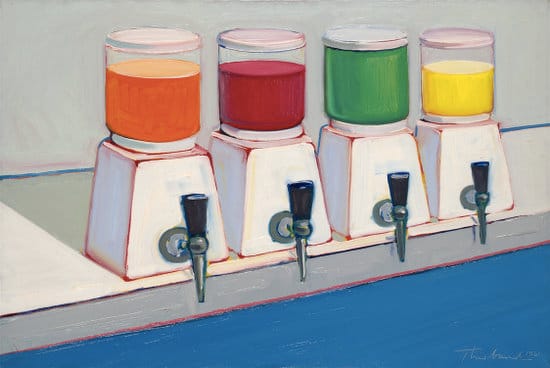 Wayne Thiebaud, "Drink Syrups" (1961), oil on canvas, 24 1/8 x 36 in. (61.3 x 91.4 cm). Yale University Art Gallery, The Twigg-Smith Collection, Gift of Laila and Thurston Twigg- Smith, b.e. 1942, 2001.148.1. (image © Wayne Thiebaud/Licensed by VAGA, New York, NY)