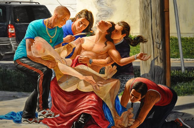 Detail of Kent Monkman, "The Deposition" (2014), acrylic on canvas, 84 x 126 inches (all images by the author for Hyperallergic)