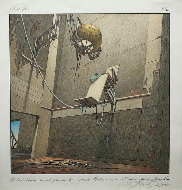 Lebbeus Woods, "Centricity" (1986–88), graphite, ink colored pencil and sepia wash on paper, part of a series of eight drawings, dimensions variable, San Francisco Museum of Modern Art (image courtesy the Drawing Center)