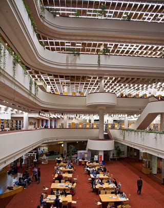 Interior of the Toronto Reference Library, designed by Raymond Moriyama, and opened in 1977. (photo via flickr.com/cityoftoronto)