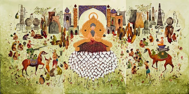 Shiva Ahmadi, Lotus (2013), Mixed media on acquaboard. Triptych. Overall dimensions 60 x 120 in. (image courtesy of the artist and Leila Heller Gallery)