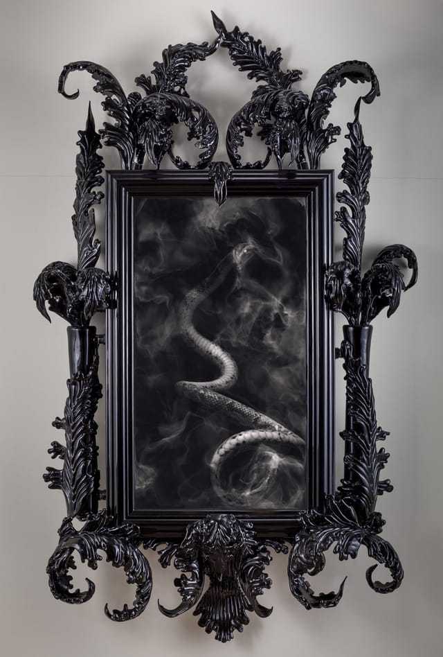 Mat Collishaw, "East of Eden" (2013), black murano glass, surveillance mirror, steel, wood, lacquer, LCD screen & hard drive, 92 1/2  55 x 11 13/16 in. (courtesy the artist and Blain Southern)