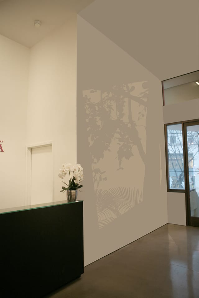 Mary Temple, preparatory drawing for "North Wall, South Light, Garden" frpm the series"Light" (installations 2002-present), acrylic on existing architecture (courtesy the artist & Mixed Greens, New York)