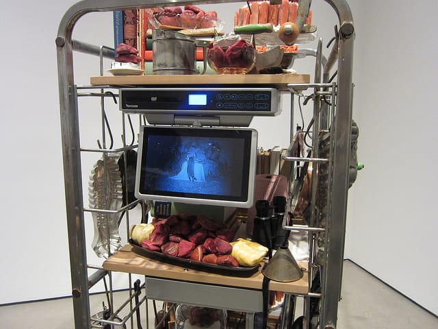 Dana Sherwood, "Banquets in the Dark Wildness" (2014), video monitors, steel, aluminum, glass, plaster, clay, resin, foam, papier-mâché, & varnish 